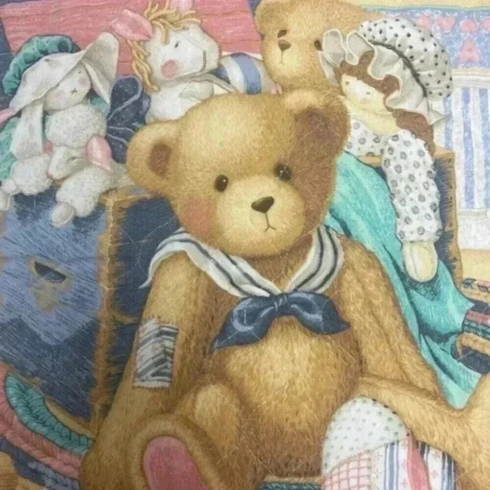 Vtg Teddy Beddy Bear Crib Comforter Baby Blanket Pink And Blue w/ Ruffle 34x45 - Picture 4 of 6